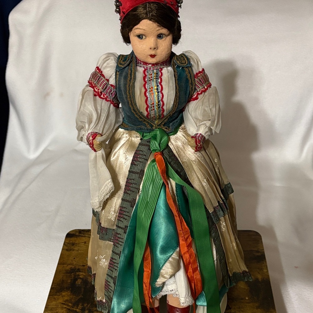 Vintage Colorful Traditional Doll with Ribbon Accents from Switzerland